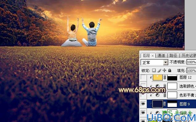 Photoshop图片调色：利用素材给草地上的唯美情侣图片调出灿烂的秋季晨曦
