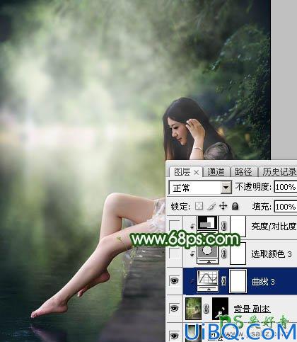 Photoshop美女后期调色：给漂亮的美腿女生生活照调出唯美的古典暗绿色效