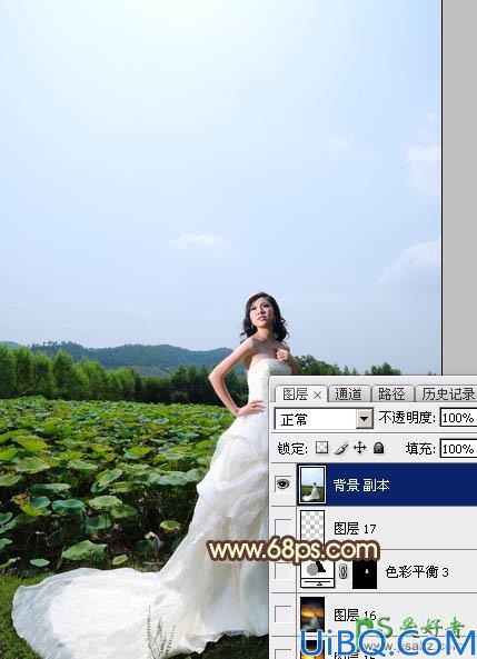 Photoshop婚纱照调色教程：给荷塘边外拍的美女大气婚纱照调出温暖的晨曦