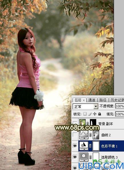 Photoshop给树林中自拍的小清新女孩儿生活照调出柔和的秋季暖色