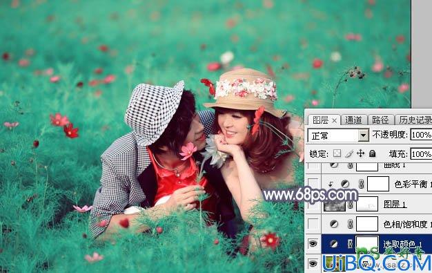 Photoshop婚片后期调色：给草丛中的唯美婚片写真图片调出梦幻的中性蓝灰
