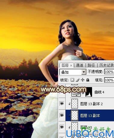 Photoshop婚纱照调色教程：给荷塘边外拍的美女大气婚纱照调出温暖的晨曦