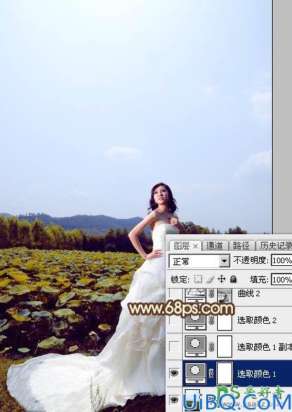Photoshop婚纱照调色教程：给荷塘边外拍的美女大气婚纱照调出温暖的晨曦