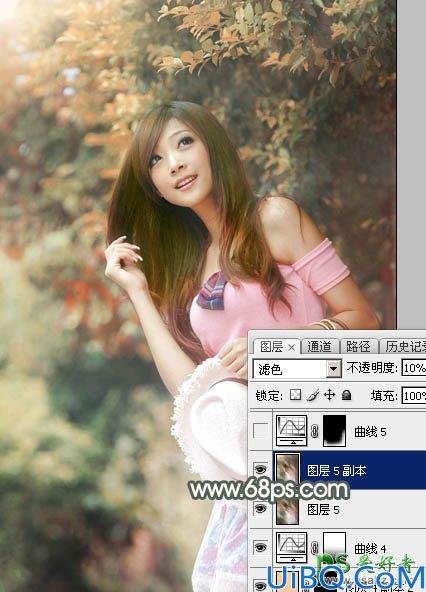 PhotoShop给绿色树林中自拍的女生照片调出唯美的秋季红褐色