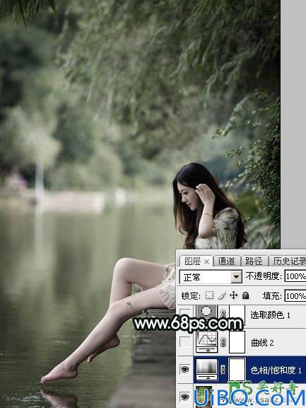 Photoshop美女图片后期调色教程：打造诗情画意般柔美少女古典暗绿色效果