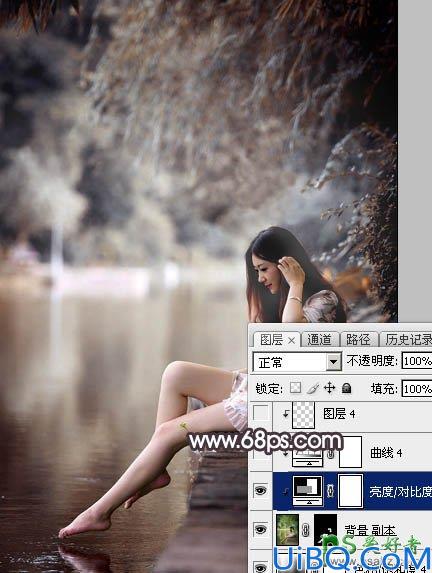 Photoshop美女图片调色：给湖边自拍的玉腿美足清纯少女写真照调出梦幻色