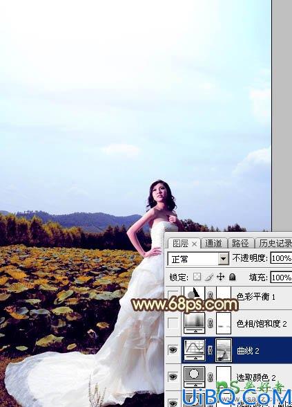 Photoshop婚纱照调色教程：给荷塘边外拍的美女大气婚纱照调出温暖的晨曦