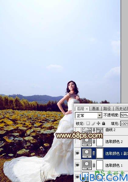 Photoshop婚纱照调色教程：给荷塘边外拍的美女大气婚纱照调出温暖的晨曦