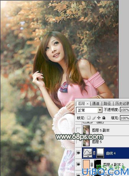 PhotoShop给绿色树林中自拍的女生照片调出唯美的秋季红褐色