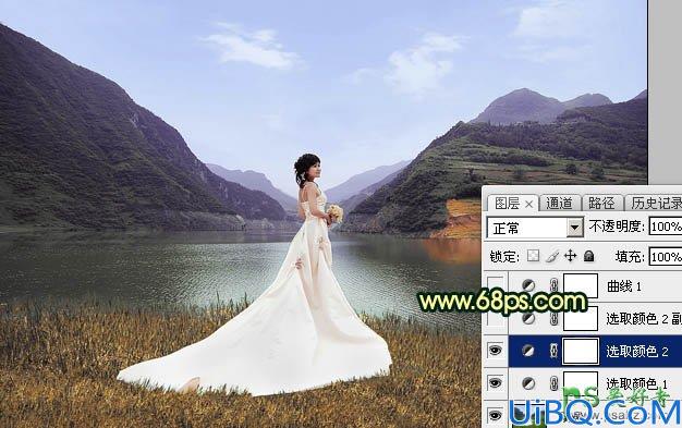 Photoshop婚纱照调色教程：给湖库边自拍的清纯女生婚片调出唯美的阳光色