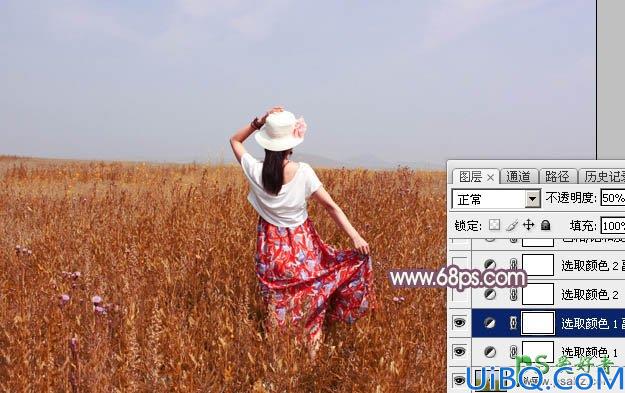 Photoshop美女照片调色实例：给芳草中的清新少女写真照调出秋景青红色