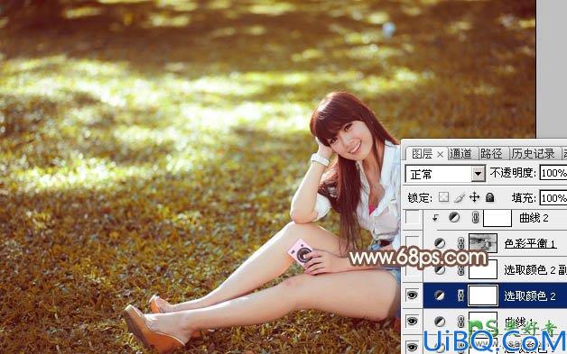 Photoshop给草地上自拍的唯美少女写真照调出阳光淡褐色效果
