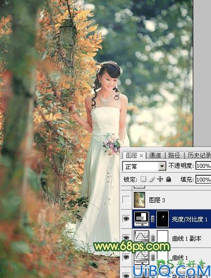 Photoshop婚纱照调色实例：给树林中的美女婚纱照调出甜美的橙黄色风格