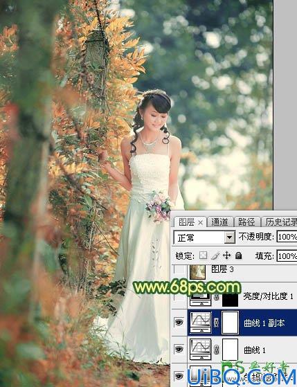 Photoshop婚纱照调色实例：给树林中的美女婚纱照调出甜美的橙黄色风格