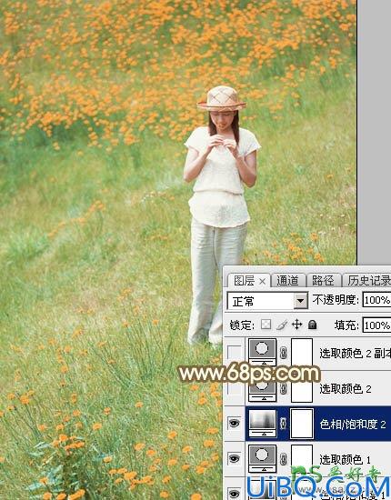 Photoshop给花草甸中的未成年少女写真照调出甜美的韩系粉红色