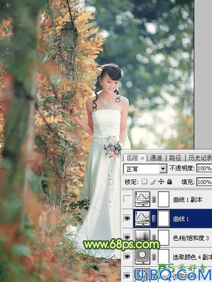 Photoshop婚纱照调色实例：给树林中的美女婚纱照调出甜美的橙黄色风格