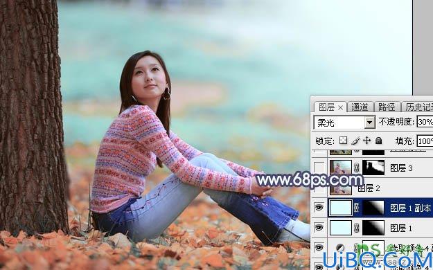 Photoshop少女图片调色美化教程：给外景甜美少女写真照调出青红色秋季色