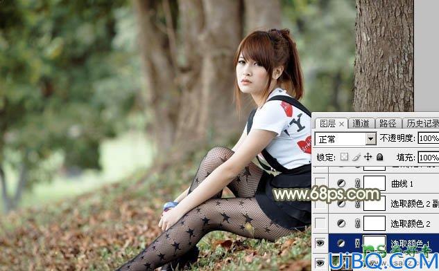 Photoshop调色实例教程学习：给黑丝袜树林风景中的MM调出淡暖色