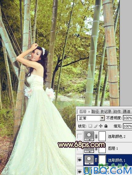 Photoshop调色教程：给竹林中的柔美少女婚纱艺术照调出暖色效果