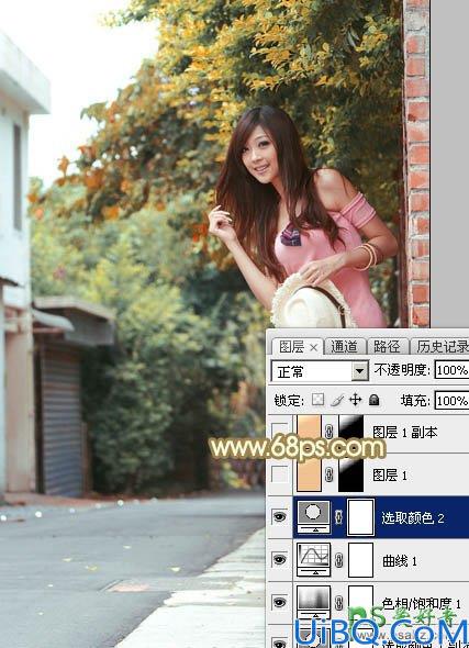 Photoshop给村间小路上自拍的阳光女孩儿艺术照调出绚丽的秋季色