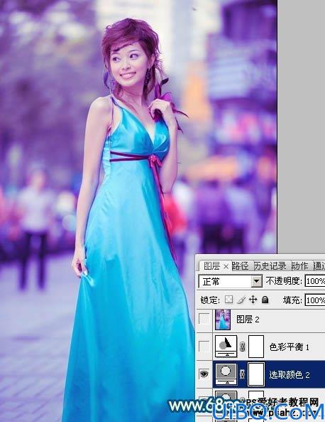 Photoshop美女照片调色教程：给可爱的街景美女照调出时尚的青蓝色