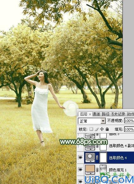 Photoshop调色教程：给春天里外景自拍的性感少妇图片调出灿烂的黄绿色