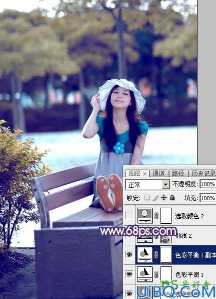 Photoshop美女图片调色实例：给夏日清新少女写真照调出时尚冷色效果