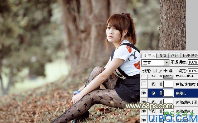Photoshop调色实例教程学习：给黑丝袜树林风景中的MM调出淡暖色