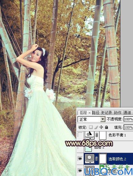 Photoshop调色教程：给竹林中的柔美少女婚纱艺术照调出暖色效果