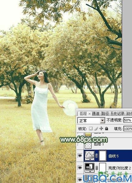 Photoshop调色教程：给春天里外景自拍的性感少妇图片调出灿烂的黄绿色