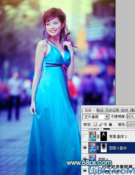 Photoshop美女照片调色教程：给可爱的街景美女照调出时尚的青蓝色