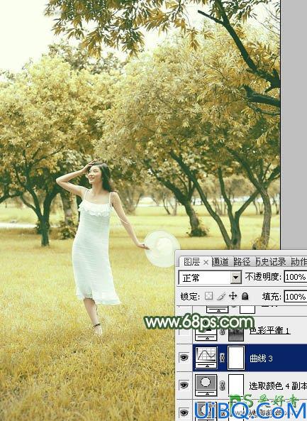 Photoshop调色教程：给春天里外景自拍的性感少妇图片调出灿烂的黄绿色