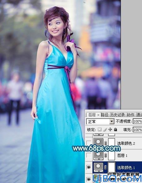 Photoshop美女照片调色教程：给可爱的街景美女照调出时尚的青蓝色