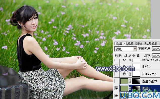 Photoshop调色教程：巧用云彩滤镜等工具给美女外景照调出梦幻淡绿色效果