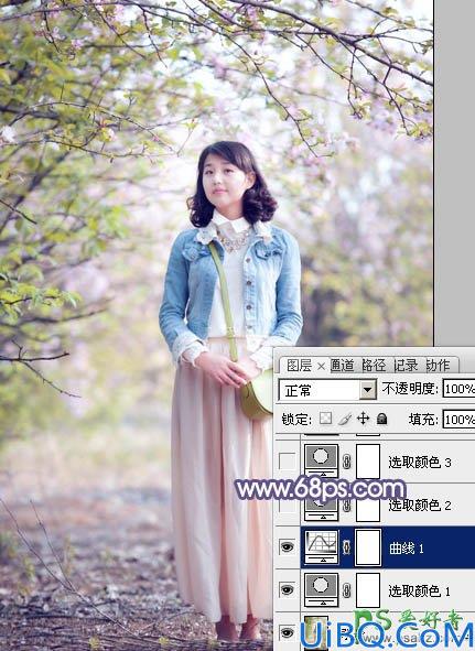 photoshop给春日花景中的青春少女艺术照调出梦幻的粉紫色