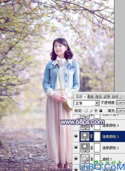 photoshop给春日花景中的青春少女艺术照调出梦幻的粉紫色