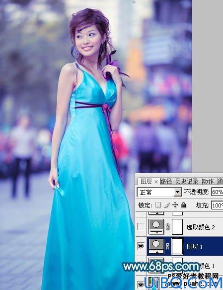 Photoshop美女照片调色教程：给可爱的街景美女照调出时尚的青蓝色