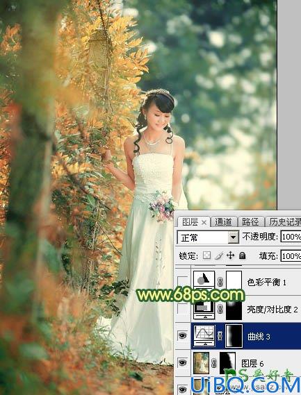 Photoshop婚纱照调色实例：给树林中的美女婚纱照调出甜美的橙黄色风格