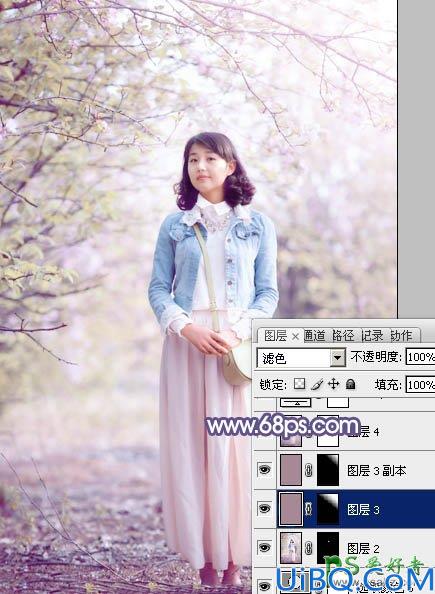 photoshop给春日花景中的青春少女艺术照调出梦幻的粉紫色