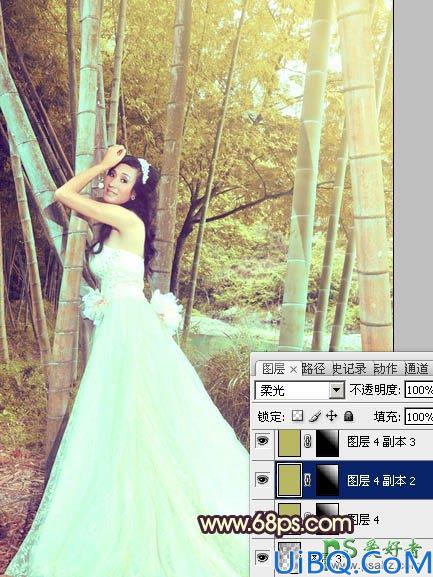 Photoshop调色教程：给竹林中的柔美少女婚纱艺术照调出暖色效果