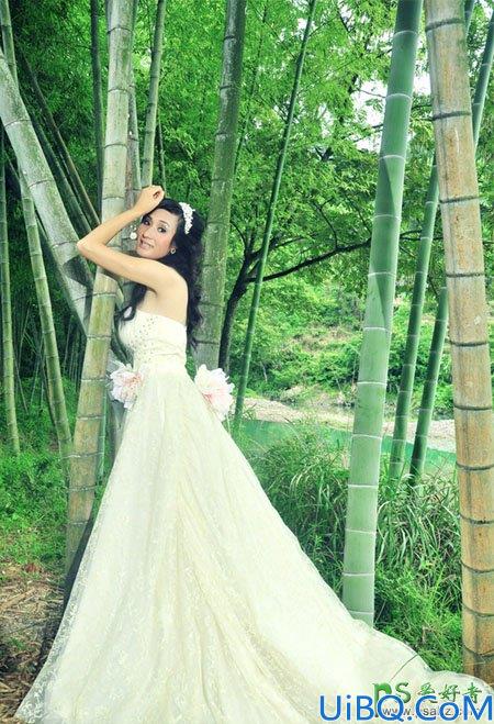 Photoshop调色教程：给竹林中的柔美少女婚纱艺术照调出暖色效果