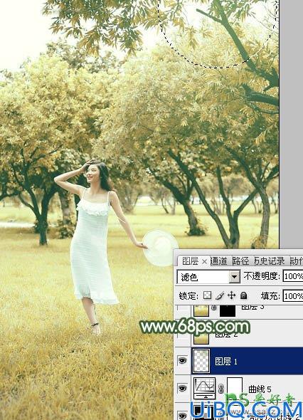 Photoshop调色教程：给春天里外景自拍的性感少妇图片调出灿烂的黄绿色