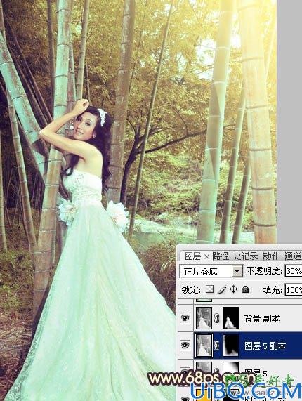 Photoshop调色教程：给竹林中的柔美少女婚纱艺术照调出暖色效果