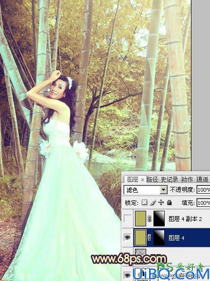Photoshop调色教程：给竹林中的柔美少女婚纱艺术照调出暖色效果