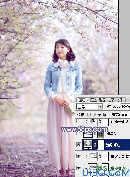 photoshop给春日花景中的青春少女艺术照调出梦幻的粉紫色