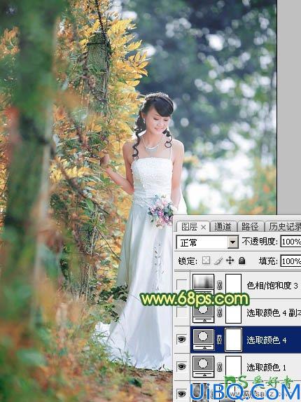 Photoshop婚纱照调色实例：给树林中的美女婚纱照调出甜美的橙黄色风格