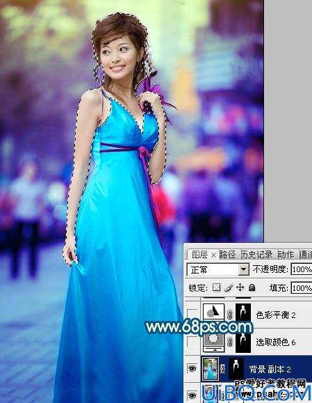 Photoshop美女照片调色教程：给可爱的街景美女照调出时尚的青蓝色