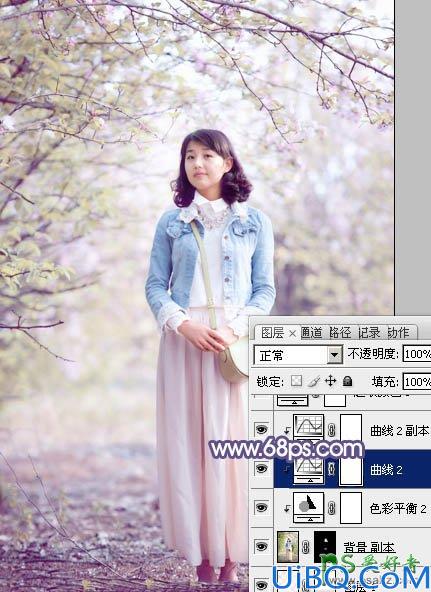 photoshop给春日花景中的青春少女艺术照调出梦幻的粉紫色