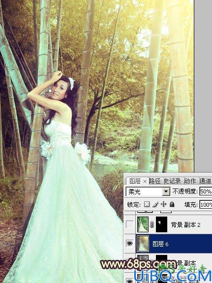 Photoshop调色教程：给竹林中的柔美少女婚纱艺术照调出暖色效果