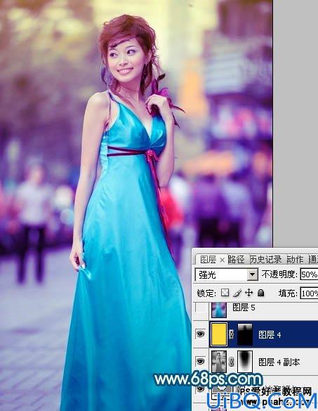 Photoshop美女照片调色教程：给可爱的街景美女照调出时尚的青蓝色